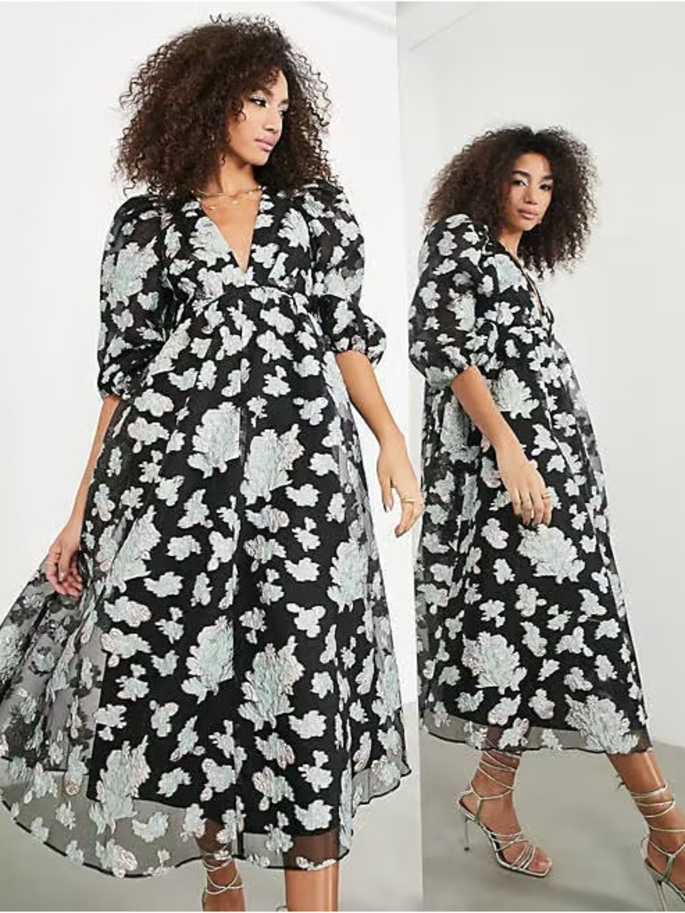 ASOS Black Midi Dress with Mint and Pale Pink Floral Embroidery and pockets